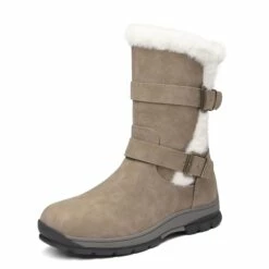 Black Leather Mid Calf Snow Boots KHAKI