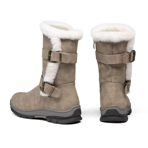 Black Leather Mid Calf Snow Boots KHAKI 6 Black Leather Mid Calf Snow Boots KHAKI - Image 4