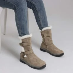 Black Leather Mid Calf Snow Boots KHAKI 10 Black Leather Mid Calf Snow Boots KHAKI -DREAM PAIRS Sales 0219 KHAKI 5