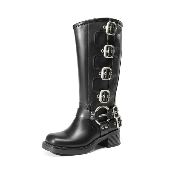 Buckle Straps Square Toe Moto Boots BLACK 7 Buckle Straps Square Toe Moto Boots BLACK - Image 5