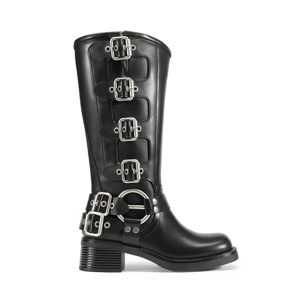 Buckle Straps Square Toe Moto Boots BLACK 5 Buckle Straps Square Toe Moto Boots BLACK - Image 3