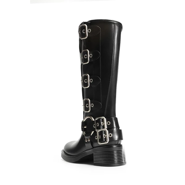 Buckle Straps Square Toe Moto Boots BLACK 8 Buckle Straps Square Toe Moto Boots BLACK - Image 6