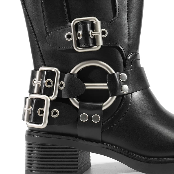 Buckle Straps Square Toe Moto Boots BLACK 4 Buckle Straps Square Toe Moto Boots BLACK - Image 2