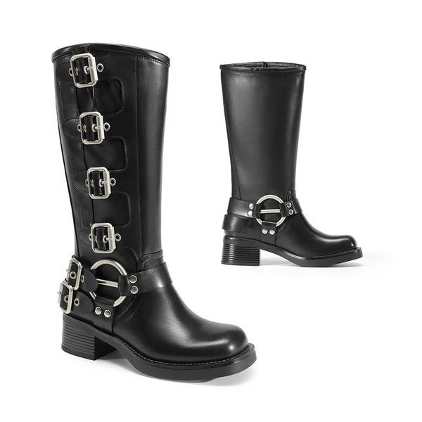 Buckle Straps Square Toe Moto Boots BLACK 9 Buckle Straps Square Toe Moto Boots BLACK - Image 7