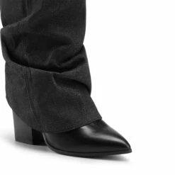 Two-Way Wear Denim Cuff Knee High Boots DENIM BLACK