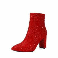 Rhinestone Chunky Heel Ankle Boots RED -DREAM PAIRS Sales 0312 Rhinestone Red 1