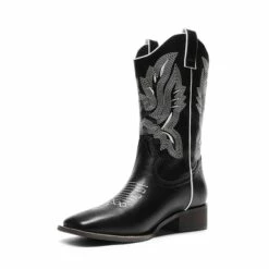 Vintage Square Toe Embroidery Cowgirl Boots BLACK -DREAM PAIRS Sales 0313 BLACK1