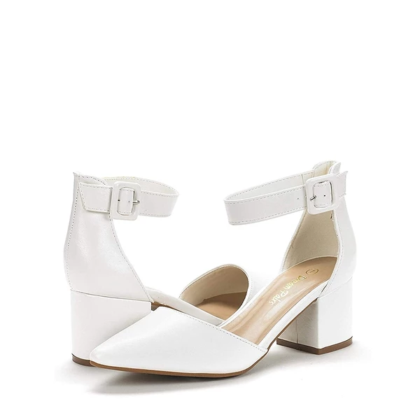 Wide Width Ankle Strap Chunky Low Heel Pumps WHITE PU 4 Wide Width Ankle Strap Chunky Low Heel Pumps WHITE PU - Image 2