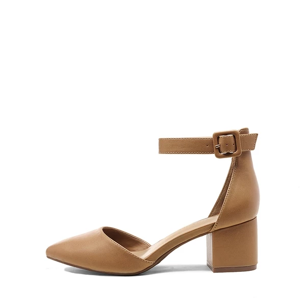 Annee Pointed Toe Low Chunky Heels Pump Shoes NUDE PU 7 Annee Pointed Toe Low Chunky Heels Pump Shoes NUDE PU - Image 5