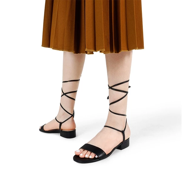 Strappy Lace Up Low Heel Sandals BLACK 6 Strappy Lace Up Low Heel Sandals BLACK - Image 4