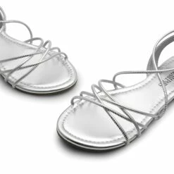 Strappy Lace Up Flat Sandals SILVER