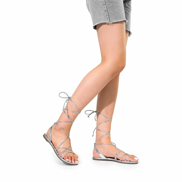 Strappy Lace Up Flat Sandals SILVER 5 Strappy Lace Up Flat Sandals SILVER - Image 3