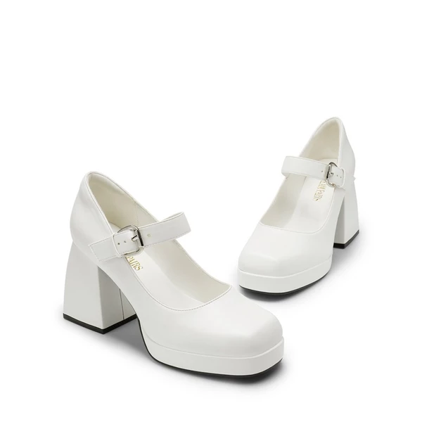 Square Toe Mary Jane Platform Pumps WHITE PU 3 Square Toe Mary Jane Platform Pumps WHITE PU