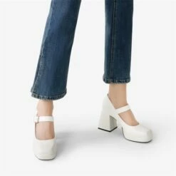 Square Toe Mary Jane Platform Pumps WHITE PU 10 Square Toe Mary Jane Platform Pumps WHITE PU -DREAM PAIRS Sales 0357 白色5