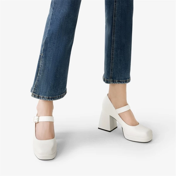 Square Toe Mary Jane Platform Pumps WHITE PU 6 Square Toe Mary Jane Platform Pumps WHITE PU - Image 4