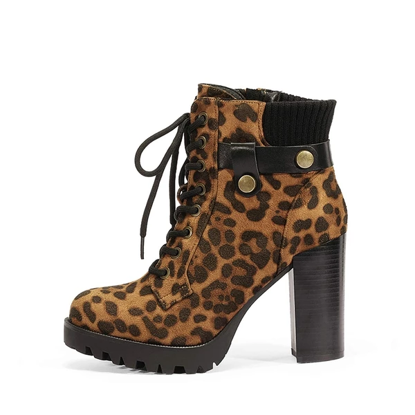 Chunky Round-Toe High Heel Ankle Boots LEOPARD 4 Chunky Round-Toe High Heel Ankle Boots LEOPARD - Image 2