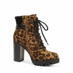 Chunky Round-Toe High Heel Ankle Boots LEOPARD