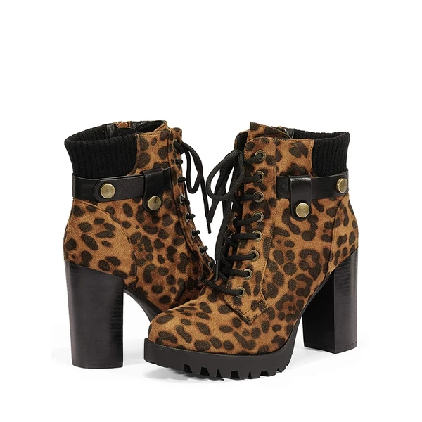 Chunky Round-Toe High Heel Ankle Boots LEOPARD 5 Chunky Round-Toe High Heel Ankle Boots LEOPARD - Image 3