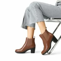 [Stand All Day Boots] Almond Toe Chunky Chelsea Boots TAN-PU -DREAM PAIRS Sales 0548 TAN PU 6