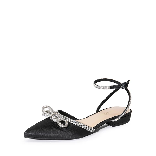 Rhinestone Bow Flats BLACK-SATIN 3 Rhinestone Bow Flats BLACK-SATIN