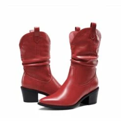 V-cut Cuff Mid Calf Cowboy Boots RED
