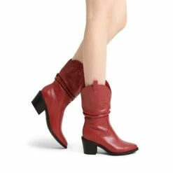 V-cut Cuff Mid Calf Cowboy Boots RED -DREAM PAIRS Sales 0600 RED 7