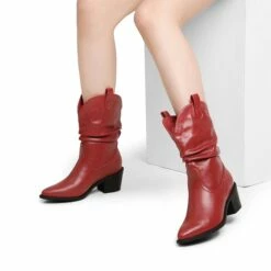 V-cut Cuff Mid Calf Cowboy Boots RED -DREAM PAIRS Sales 0600 RED 8