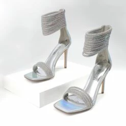 Sparkling Rhinestone Straps Heeled Sandals SILVER