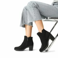 [Stand All Day Boots] Almond Toe Block Heel Ankle Booties BLACK-SUEDE