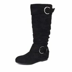 Wide Calf Fur-lined Low Hidden Wedge Boots BLACK SUEDE