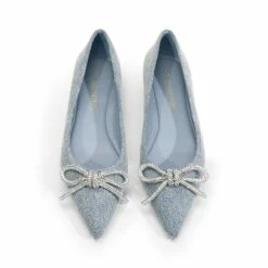 Rhinestone Bow Pointed Toe Flats DENIM BLUE