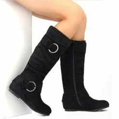 Wide Calf Fur-lined Low Hidden Wedge Boots BLACK SUEDE -DREAM PAIRS Sales 0727 S6