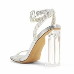 Square Toe Clear Chunky Heel Sandals SILVER CLEAR RHINESTONE