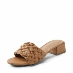 Braided Low Block Heel Slides Sandals BROWN