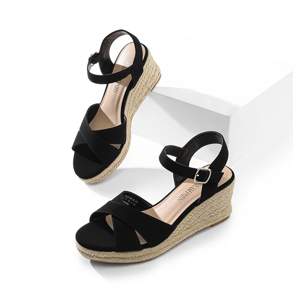 Espadrille Criss Cross Wedge Sandals BLACK-NUBUCK 5 Espadrille Criss Cross Wedge Sandals BLACK-NUBUCK - Image 3