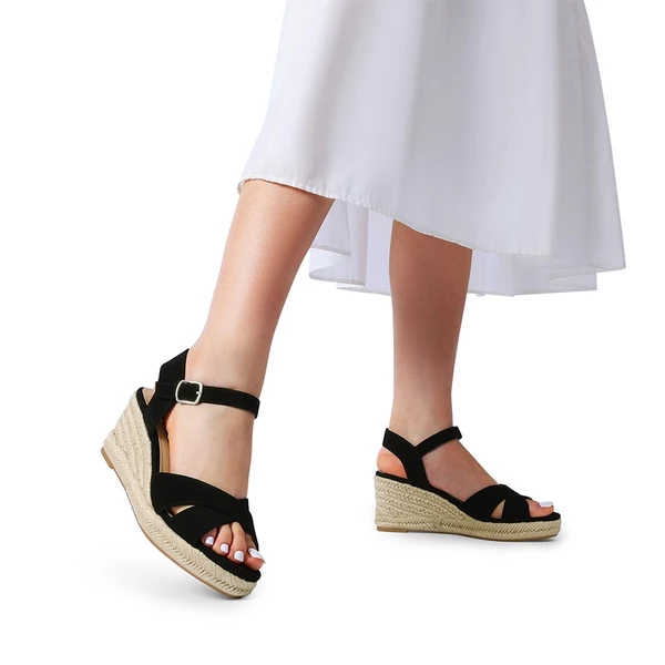 Espadrille Criss Cross Wedge Sandals BLACK-NUBUCK 8 Espadrille Criss Cross Wedge Sandals BLACK-NUBUCK - Image 6