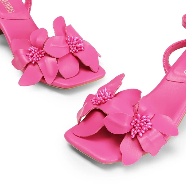 Flower Kitten Heel Sandals HOT PINK-PU 5 Flower Kitten Heel Sandals HOT PINK-PU - Image 3