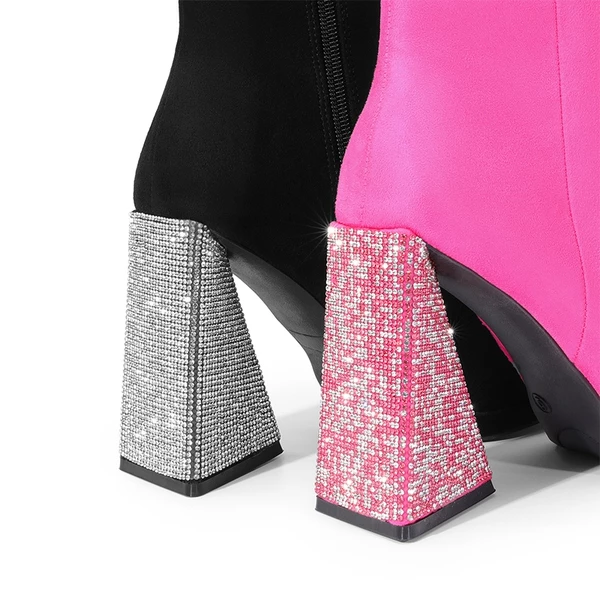 Square Toe Rhinestone Heel Ankle Boots BLACK 4 Square Toe Rhinestone Heel Ankle Boots BLACK - Image 2