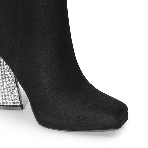 Square Toe Rhinestone Heel Ankle Boots BLACK 3 Square Toe Rhinestone Heel Ankle Boots BLACK