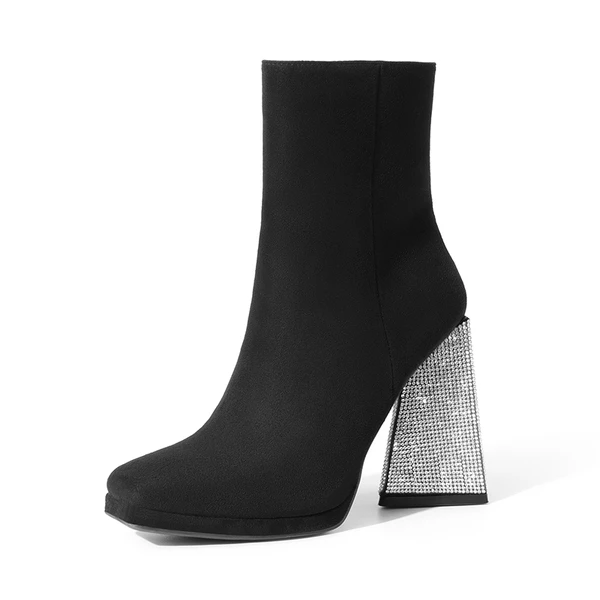 Square Toe Rhinestone Heel Ankle Boots BLACK 6 Square Toe Rhinestone Heel Ankle Boots BLACK - Image 4