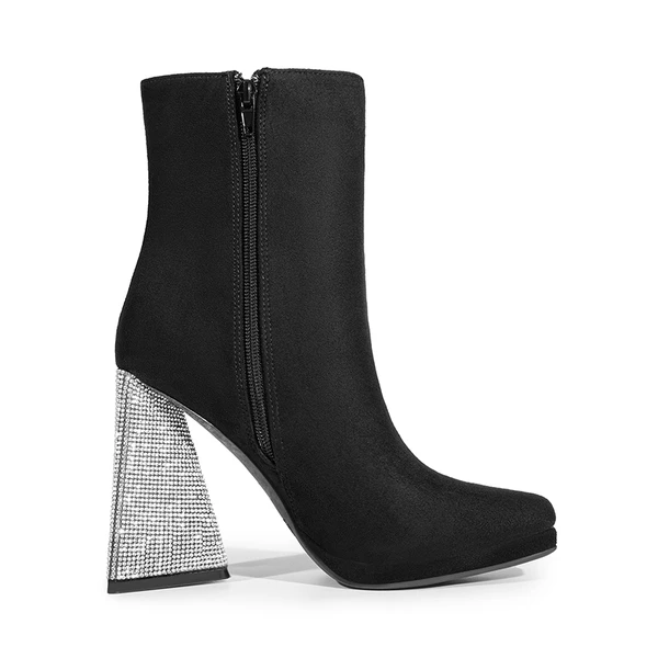 Square Toe Rhinestone Heel Ankle Boots BLACK 7 Square Toe Rhinestone Heel Ankle Boots BLACK - Image 5