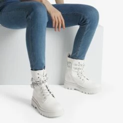 Chains Pearl Chunky Lug Sole Boots WHITE