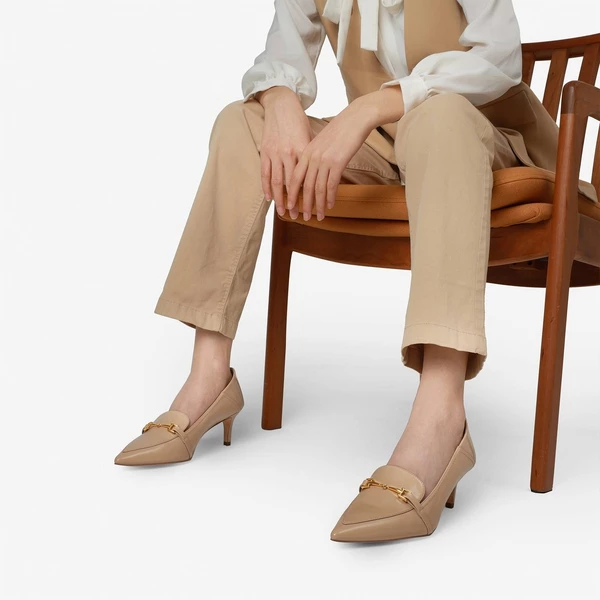 Horsebit Detail Pointed Toe Kitten Heel Pumps NUDE PU 5 Horsebit Detail Pointed Toe Kitten Heel Pumps NUDE PU - Image 3