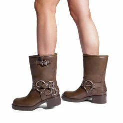 Buckles Motorcycle Mid-Calf Boots TAN