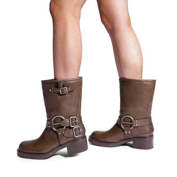 Buckles Motorcycle Mid-Calf Boots TAN 3 Buckles Motorcycle Mid-Calf Boots TAN