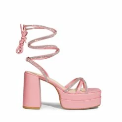 Rhinestone Lace Up Platform Heel Sandals PINK -DREAM PAIRS Sales 0825 PINK 2