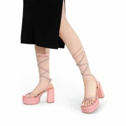 Rhinestone Lace Up Platform Heel Sandals PINK -DREAM PAIRS Sales 0825 PINK 5