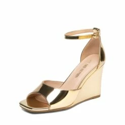 Square-Toe Buckle Strap Wedge Sandals GOLD