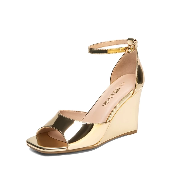 Square-Toe Buckle Strap Wedge Sandals GOLD 3 Square-Toe Buckle Strap Wedge Sandals GOLD
