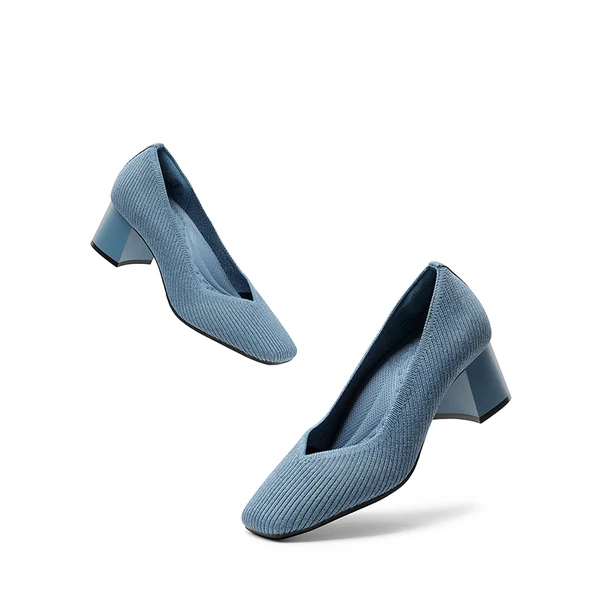 Square Toe Block Heel Knit Pumps DENIM BLUE 4 Square Toe Block Heel Knit Pumps DENIM BLUE - Image 2